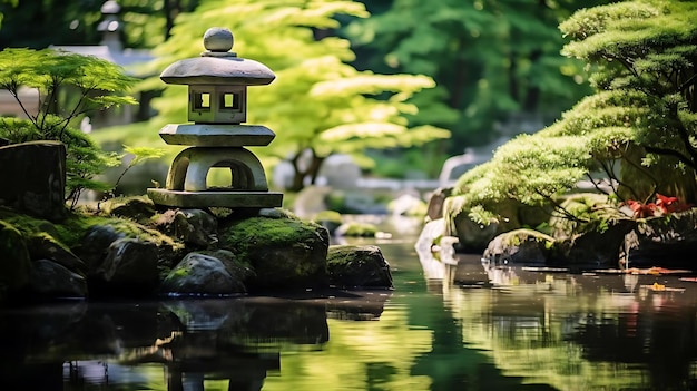 Um jardim zen com uma lanterna de pedra e musgo nas rochas