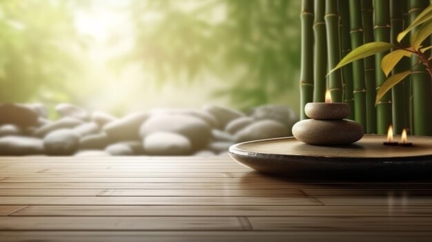 Um jardim zen minimalista com bambu e pedras em uma mesa Generative ai