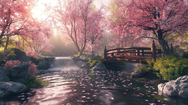 Um jardim Zen sereno ao nascer do sol com um riacho suavemente fluindo Resplandecente