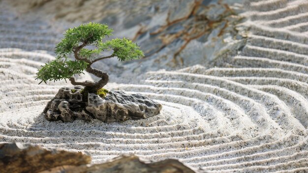 Um jardim Zen sereno com areia raspada e árvores de bonsai, ilustração gerada por IA