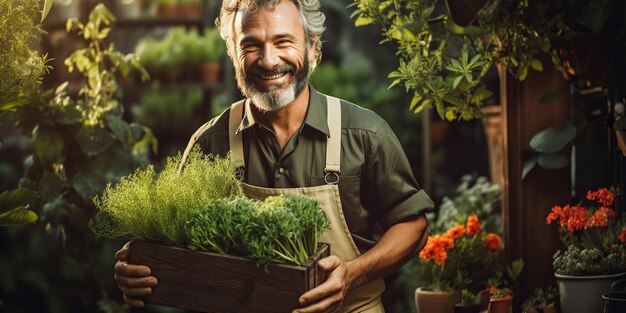 Um jardineiro alegre segura orgulhosamente uma caixa de vegetais frescos cultivados com cuidado e esforço A colheita é o seu orgulho AI Generative AI