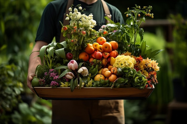 Um jardineiro atraente fica em um jardim exuberante segurando uma cesta de frutas frescas Generative Ai