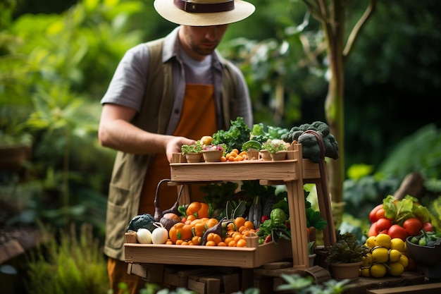 Um jardineiro atraente fica em um jardim exuberante segurando uma cesta de frutas frescas Generative Ai