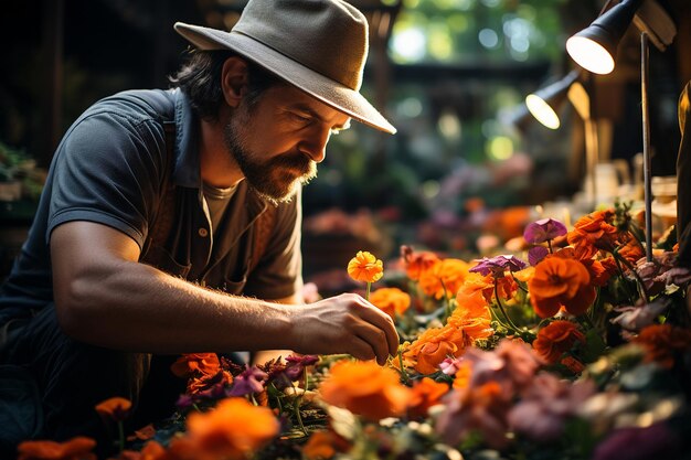 Um jardineiro cuidando de um jardim de flores coloridas e exuberantes