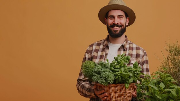 Um jardineiro elegante usando um chapéu equipado com ferramentas de jardinagem