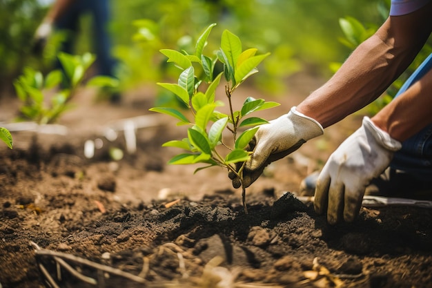 Um jardineiro em luvas planta mudas de árvores jovens no chão