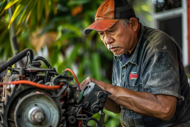 Um jardineiro reparando um cortador de grama destacando a experiência de reparação de equipamentos de gramado