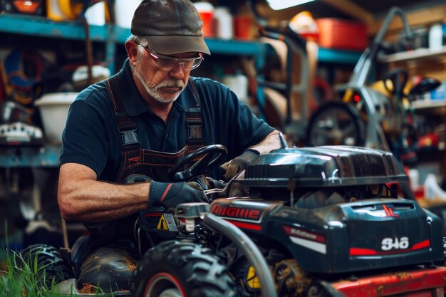 Um jardineiro reparando um cortador de grama destacando a experiência de reparação de equipamentos de gramado