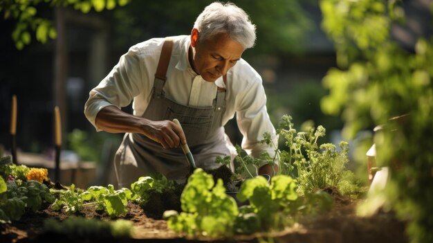 Um jardineiro sênior cuidando de plantas num jardim tranquilo