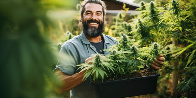 Um jardineiro sorridente segura uma caixa de mudas de maconha no jardim Seu cuidado com as plantas e a alegria da colheita criam uma atmosfera de harmonia AI Generative AI