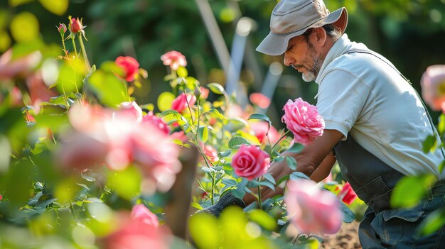 Um jardineiro vestindo um chapéu e luvas está cuidadosamente cuidando de um arbusto de rosas em um jardim as rosas são cor-de-rosa e em plena floração