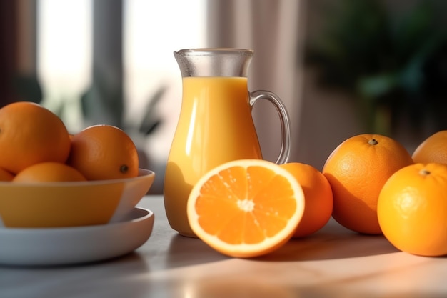 Um jarro de suco de laranja refrescante em um papel de parede de mesa de café da manhã