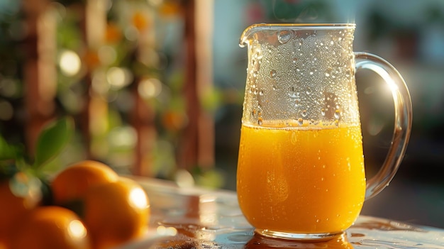 Um jarro de vidro cheio de refrescante condensação de suco de laranja brilhando à luz do sol prometendo um gole revitalizante