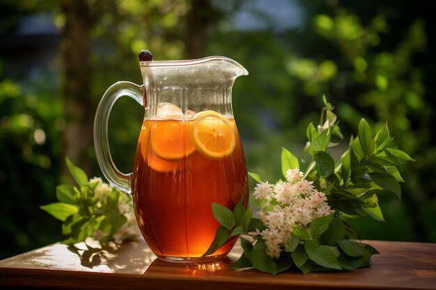 Um jarro refrescante de chá gelado adornado com pedaços de limão e galhos de hortelã