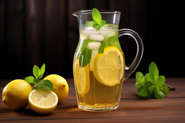 Um jarro refrescante de chá gelado adornado com pedaços de limão e galhos de hortelã