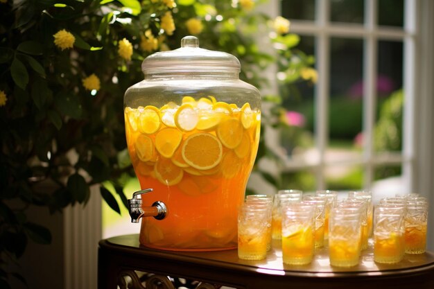 Um jarro refrescante de chá gelado adornado com pedaços de limão e galhos de hortelã