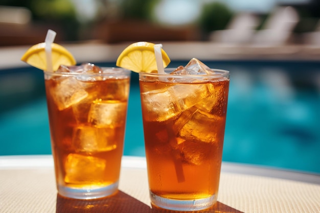 Um jarro refrescante de chá gelado adornado com pedaços de limão e galhos de hortelã