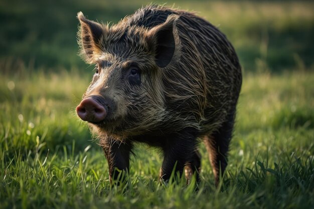 Um javali de pé em uma paisagem gramada ao anoitecer