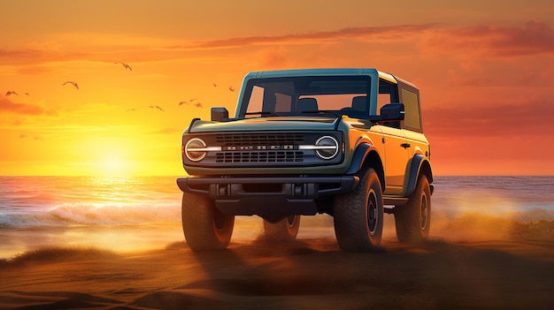 Um jeep wrangler está dirigindo em uma praia ao pôr do sol.