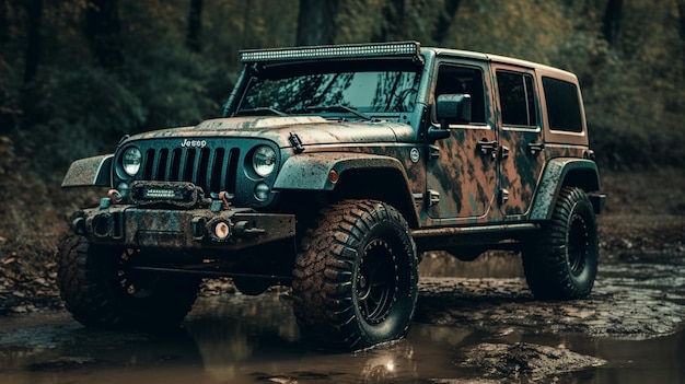 Um jeep wrangler está estacionado em uma poça na floresta.