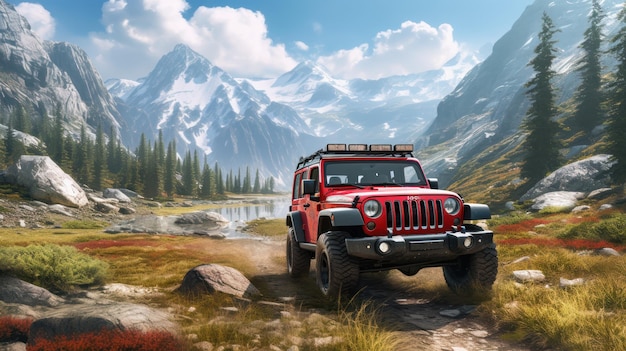 Um jeep wrangler vermelho está dirigindo por uma paisagem montanhosa.