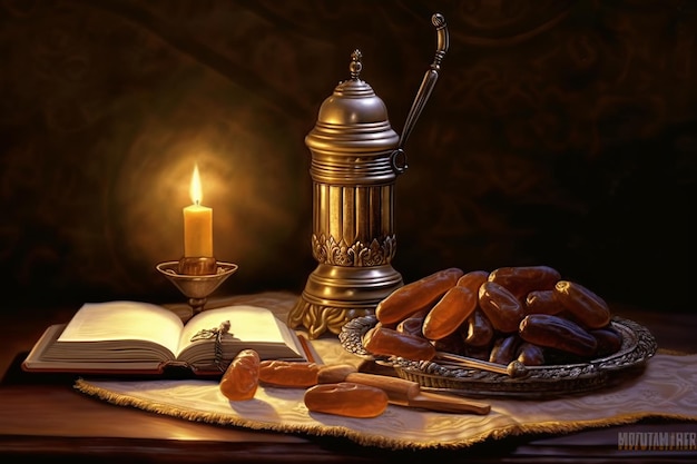 Um jejum do Ramadã com uma lâmpada e um prato de tâmaras IA generativa