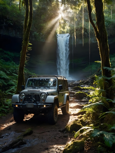 Foto um jipe em frente a uma cachoeira