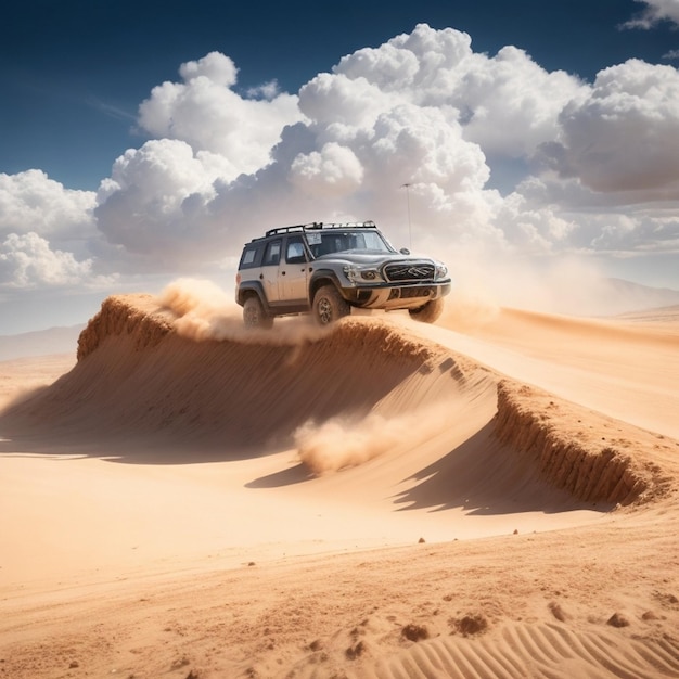 Um jipe está a atravessar as dunas de areia.