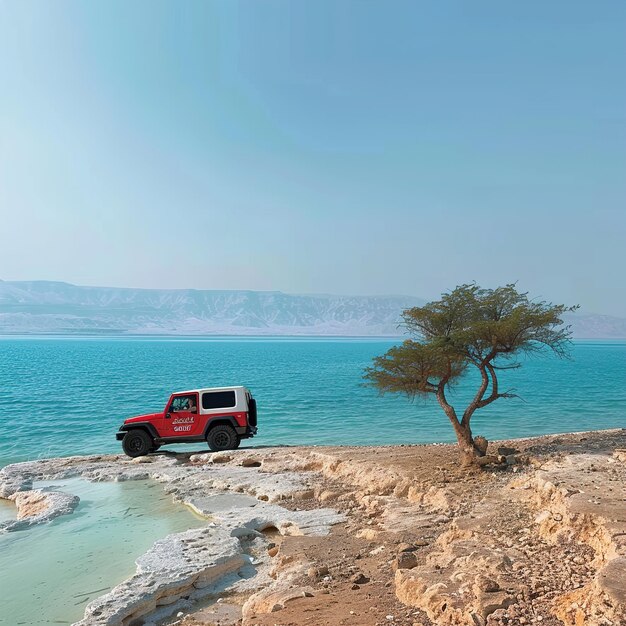 Foto um jipe está estacionado em uma costa rochosa com uma árvore ao fundo