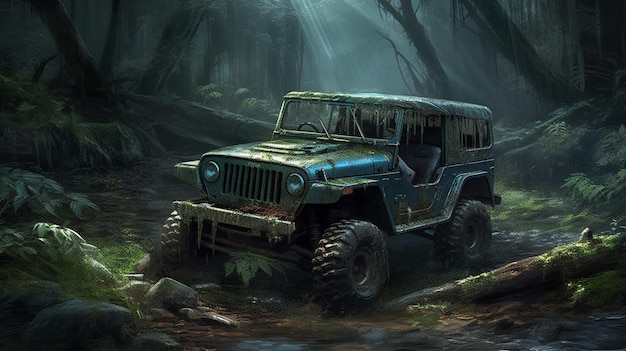 Um jipe na floresta com a palavra jeep na frente.