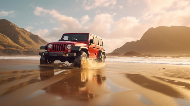 Um jipe vermelho em uma praia com montanhas ao fundo