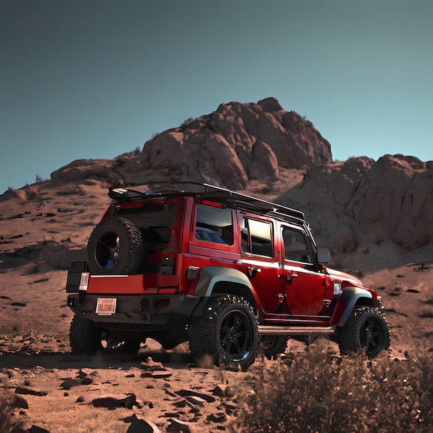 Um jipe vermelho está num deserto rochoso