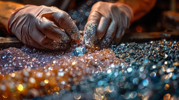 Foto um joalheiro trabalhando com pedras preciosas em close-up