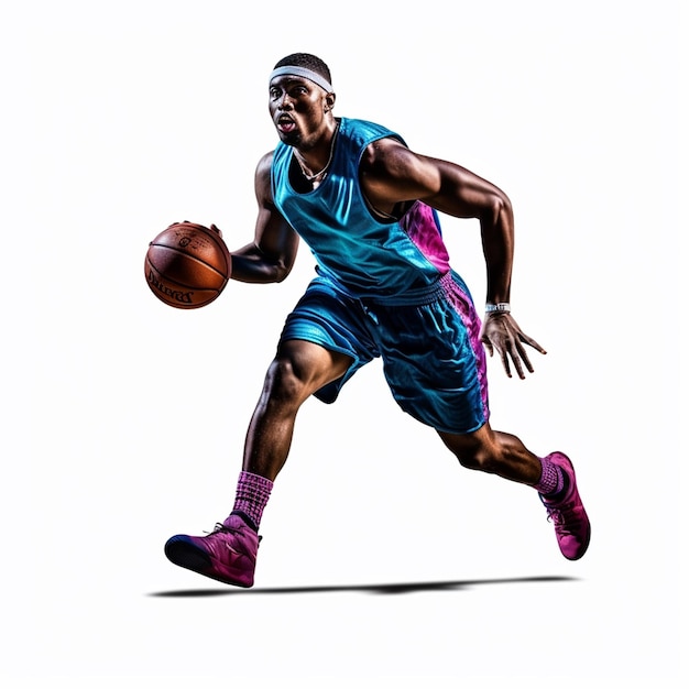 Um jogador de basquete com uma camisa azul que diz "basquete" nela.