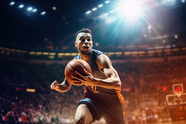 Um jogador de basquete dribleou a bola habilmente na quadra