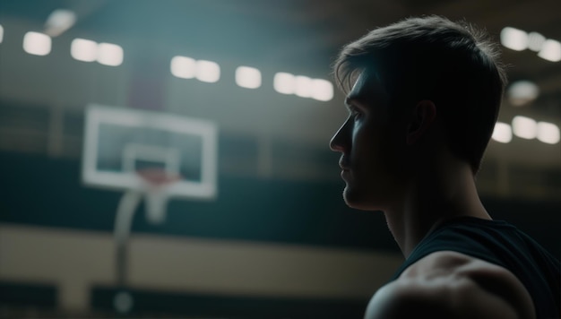 Um jogador de basquete está no escuro com a bola na mão.