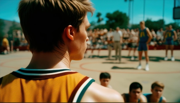 Foto um jogador de basquete vestindo uma camisa amarela olha para uma multidão de pessoas.