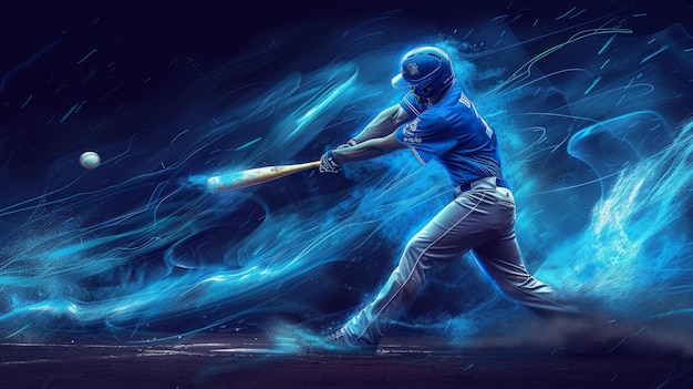 Um jogador de beisebol em um uniforme azul está balançando o taco com toda a sua força pronto para bater a bola de entrada esboço de pintura de luz AI Generative