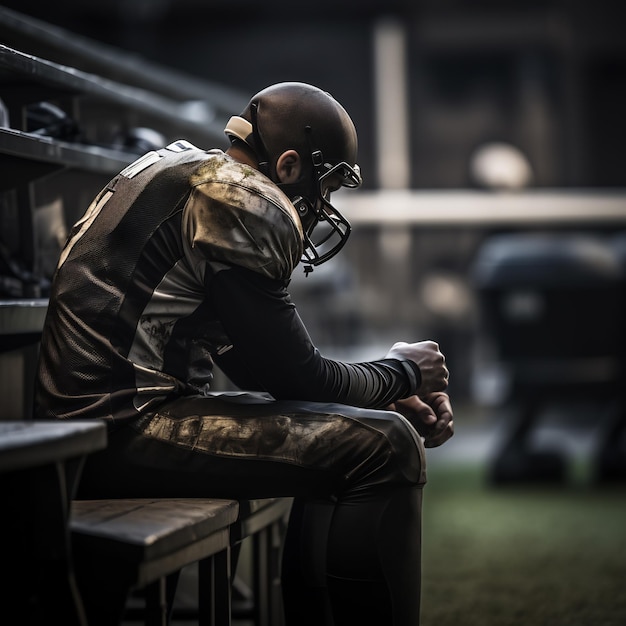 Foto um jogador de futebol americano sentado sozinho no banco sem capacete visivelmente contemplando