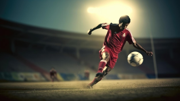 Um jogador de futebol chuta uma bola em um estádio.