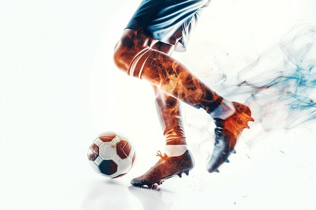 Um jogador de futebol dribla e chuta uma bola em um campo