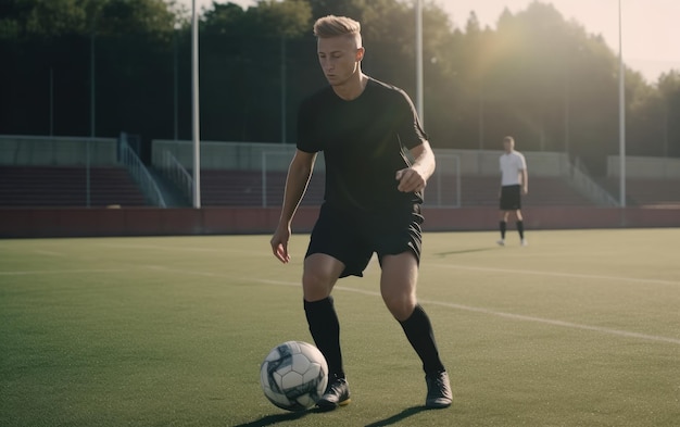 Foto um jogador de futebol dribla uma bola de futebol no campo de futebol de fundo partida de futebol gerada por ai