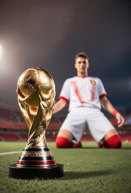 um jogador de futebol está de pé em um campo com um troféu