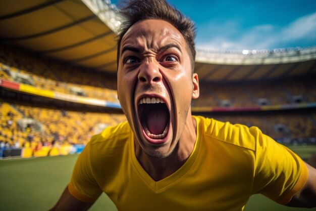 Foto um jogador de futebol expressa pura alegria gritando de felicidade depois de marcar um gol com sucesso