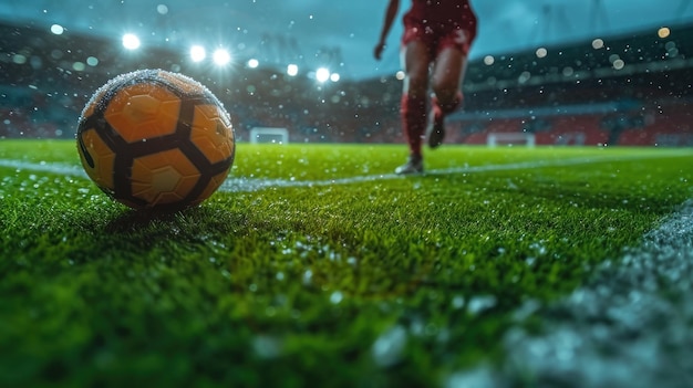 um jogador de futebol profissional jogando futebol em uma grama verde