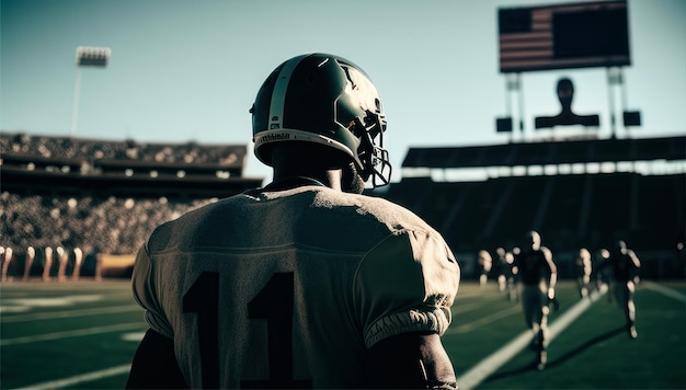 Um jogador de futebol usando capacete e capacete fica no campo e olha para a bandeira americana.