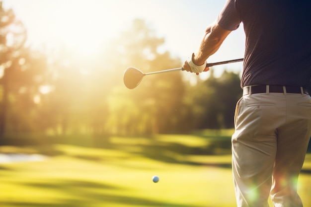 um jogador de golfe batendo sua bola de golfe à luz do sol no campo de golfe em um fundo desfocado