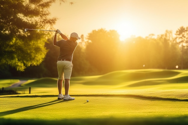 um jogador de golfe batendo sua bola de golfe à luz do sol no campo de golfe em um fundo desfocado