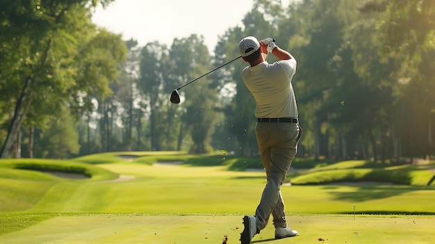 Foto um jogador de golfe masculino a jogar num campo de golfe. ele está a usar uma camisa de colarinho branco e calças caqui.