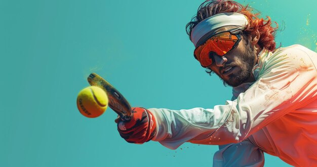 Foto um jogador de jai alai em uniforme esportivo pegando uma bola em um fundo de cor sólida fotorrealista